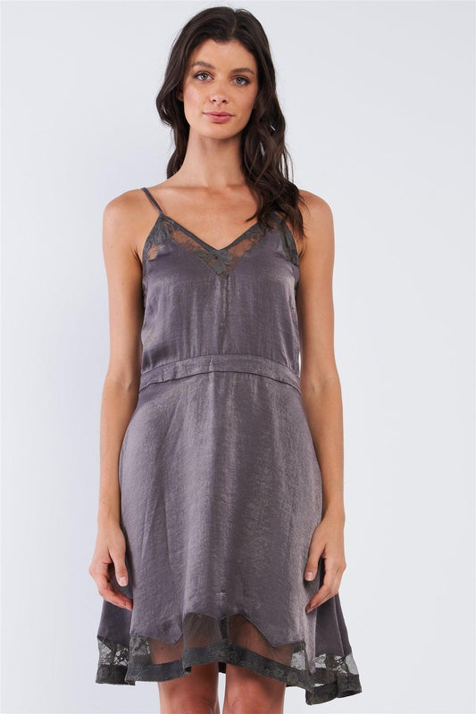 Dark Grey Chic Satin Sleeveless Embroidered Mesh Hem V-Neck Mini Dress /1-2-2-1