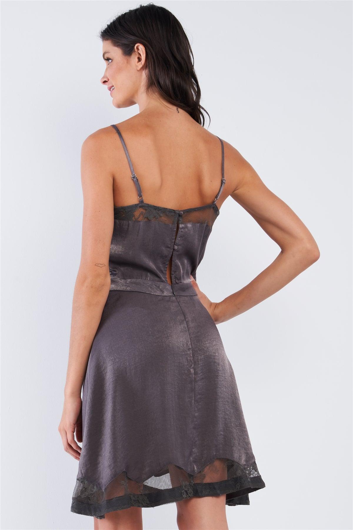 Dark Grey Chic Satin Sleeveless Embroidered Mesh Hem V-Neck Mini Dress /1-2-2-1