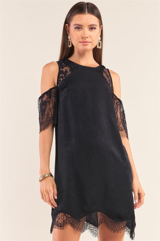 Black Cold Shoulder Lace Trim Back Button Up Mini Dress /1-2-2-1