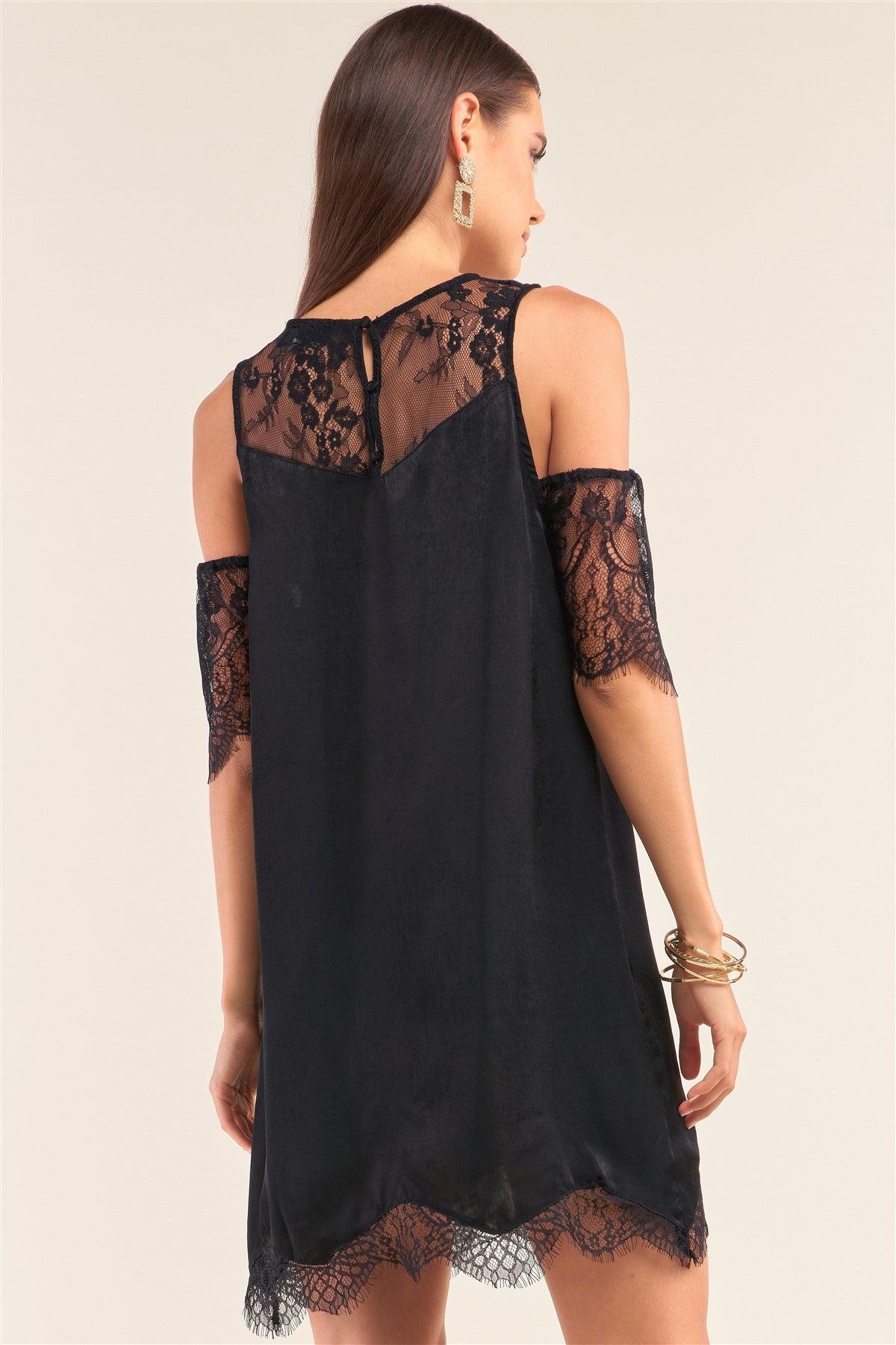 Black Cold Shoulder Lace Trim Back Button Up Mini Dress /2-1-2-1