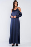 Deep Navy Blue Chic Satin Silk Relaxed Fit V-Neck Off-The-Shoulder Long Sleeve Maxi Dress /1-2-2