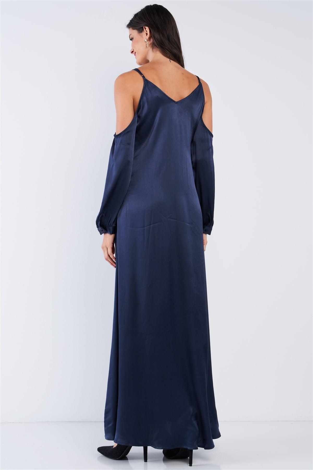 Deep Navy Blue Chic Satin Silk Relaxed Fit V-Neck Off-The-Shoulder Long Sleeve Maxi Dress /1-2-2