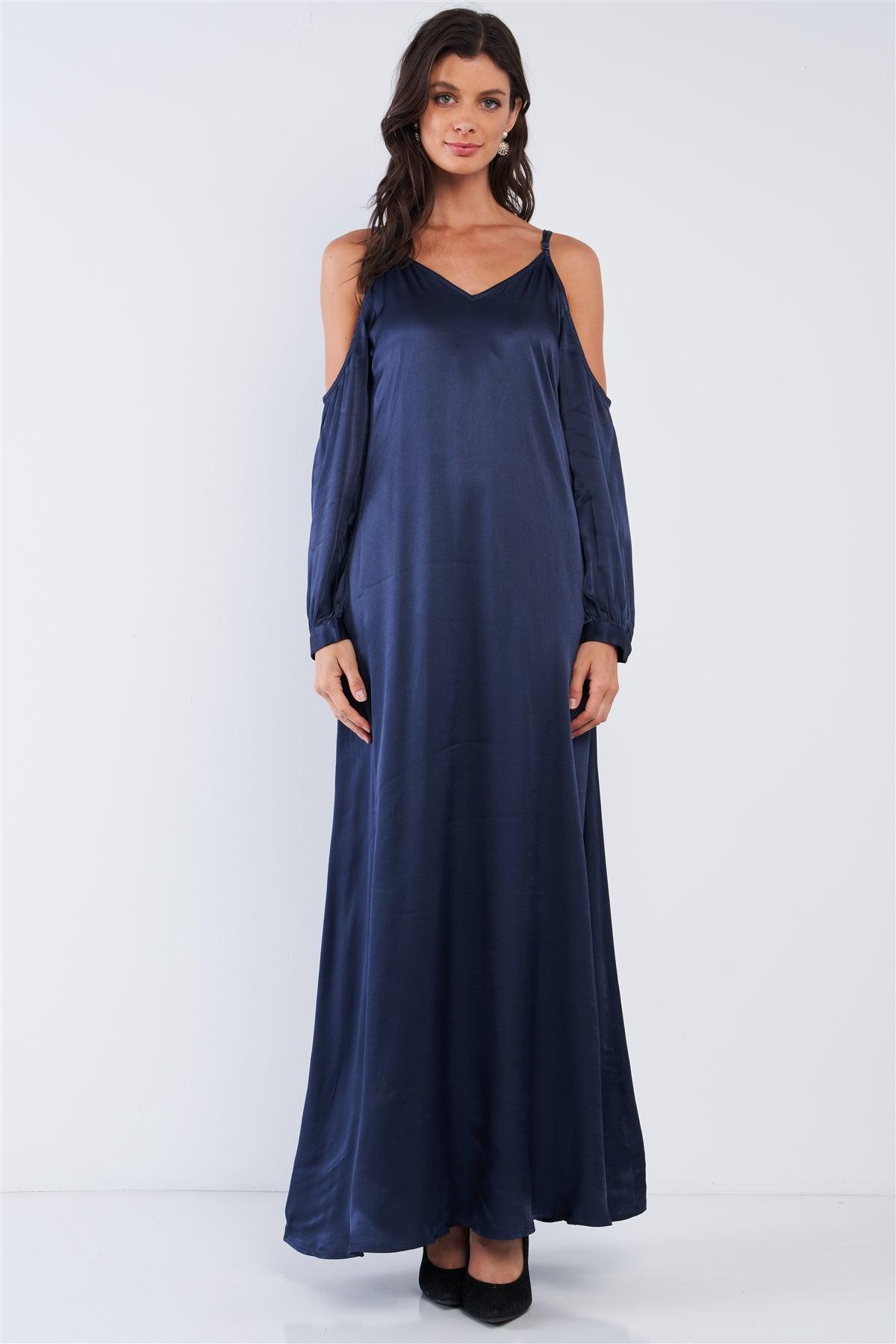 Deep Navy Blue Chic Satin Silk Relaxed Fit V-Neck Off-The-Shoulder Long Sleeve Maxi Dress /1-2-2