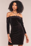 Dark Brown Velvet Off-The-Shoulder Midi Sleeve Scallop Hem Mini Dress /2-2-1