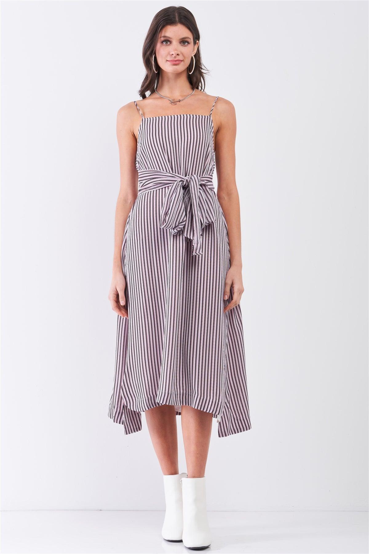 White Red Striped Sleeveless Square Neck Long Self-Tie Waist Detail Maxi Dress /1-2-2-1