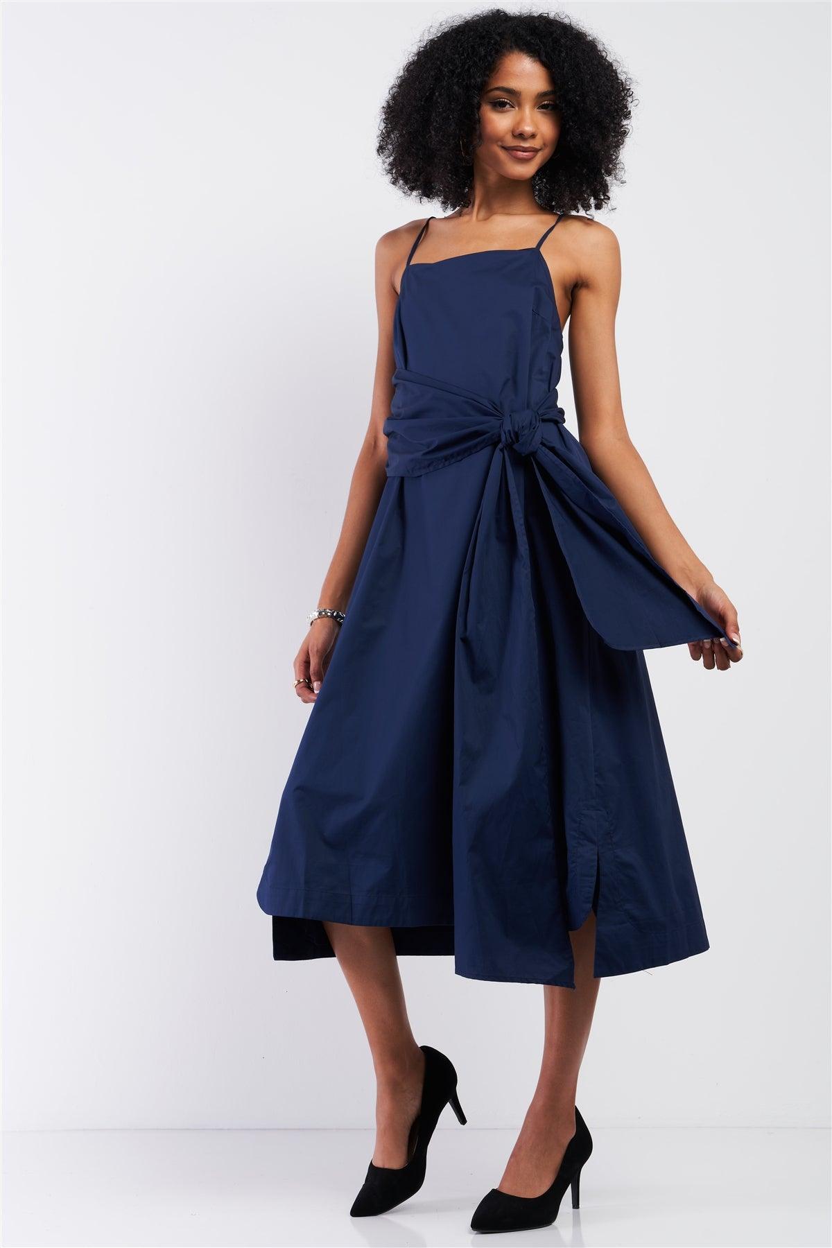 Navy Sleeveless Square Neck Self-Tie Detail Midi Dress /1-2-2-1