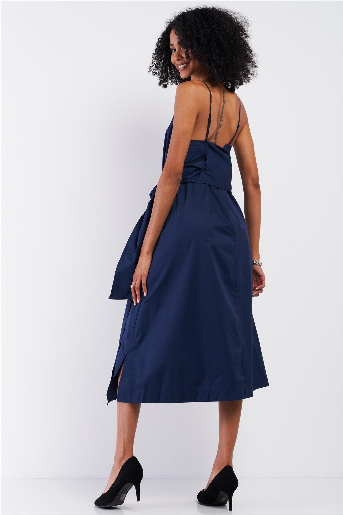 Navy Sleeveless Square Neck Self-Tie Detail Midi Dress /1-2-2-1