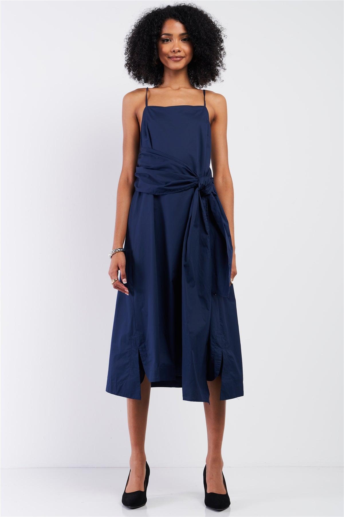 Navy Sleeveless Square Neck Self-Tie Detail Midi Dress /1-2-2-1