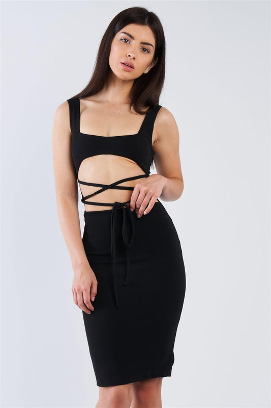 Black Sexy Midi Exposed Chest Tie Dress /3-2-1