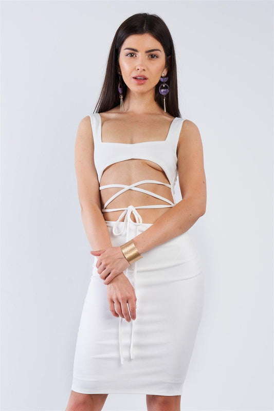 Off White Sexy Midi Exposed Chest Tie Dress /3-2-1