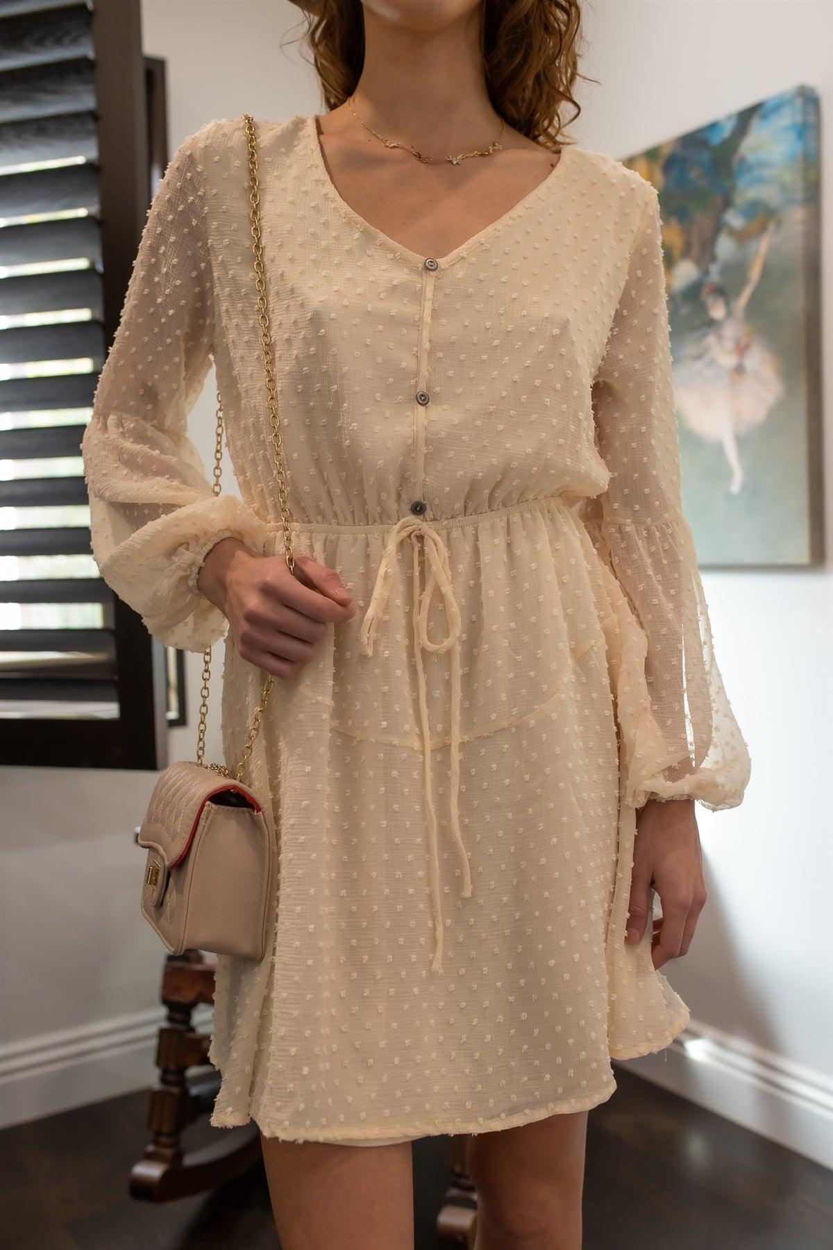 Cream Textured Dot Mesh Button Up Tie Waist Mini Dress /2-2