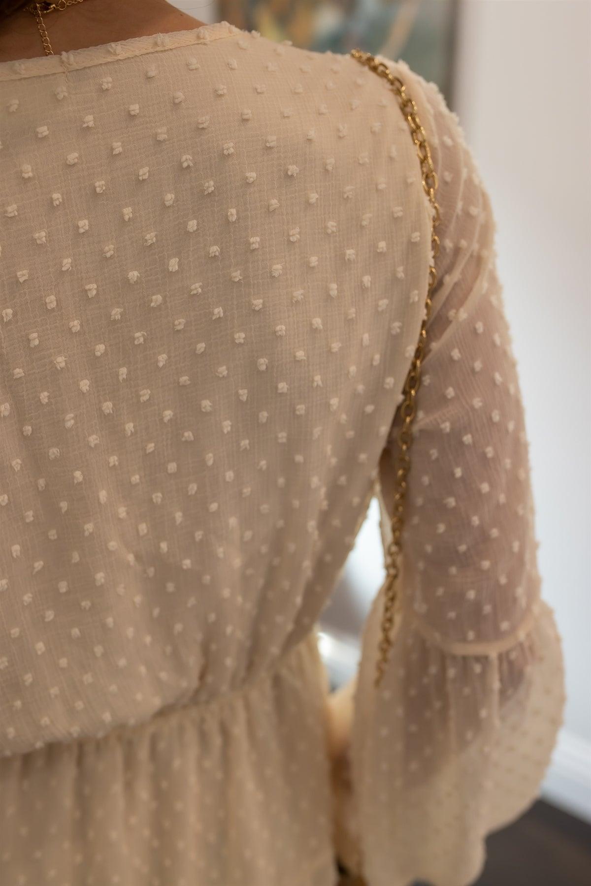 Cream Textured Dot Mesh Button Up Tie Waist Mini Dress /2-2