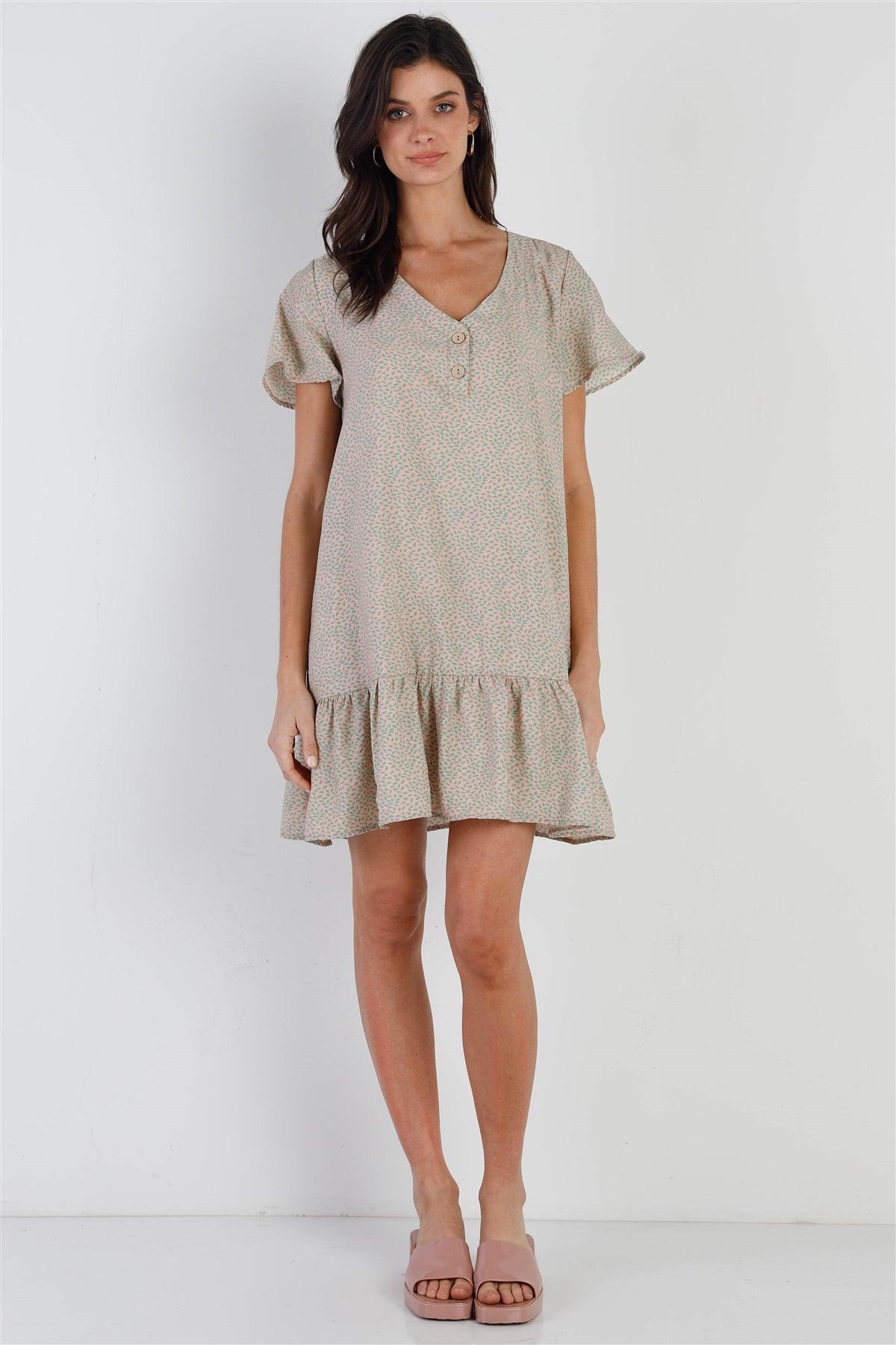 Peach & Mint Leaf Print Ruffle Hem Button Up Detail Mini Dress /3-2-1