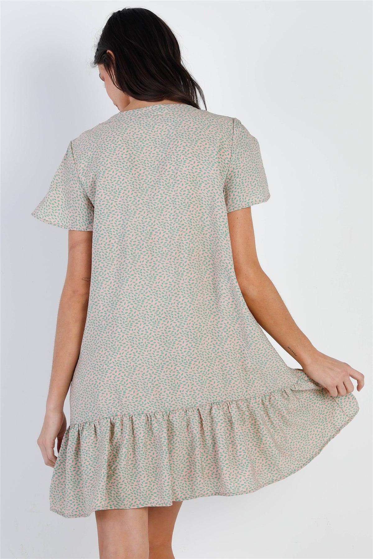 Peach & Mint Leaf Print Ruffle Hem Button Up Detail Mini Dress /3-2-1