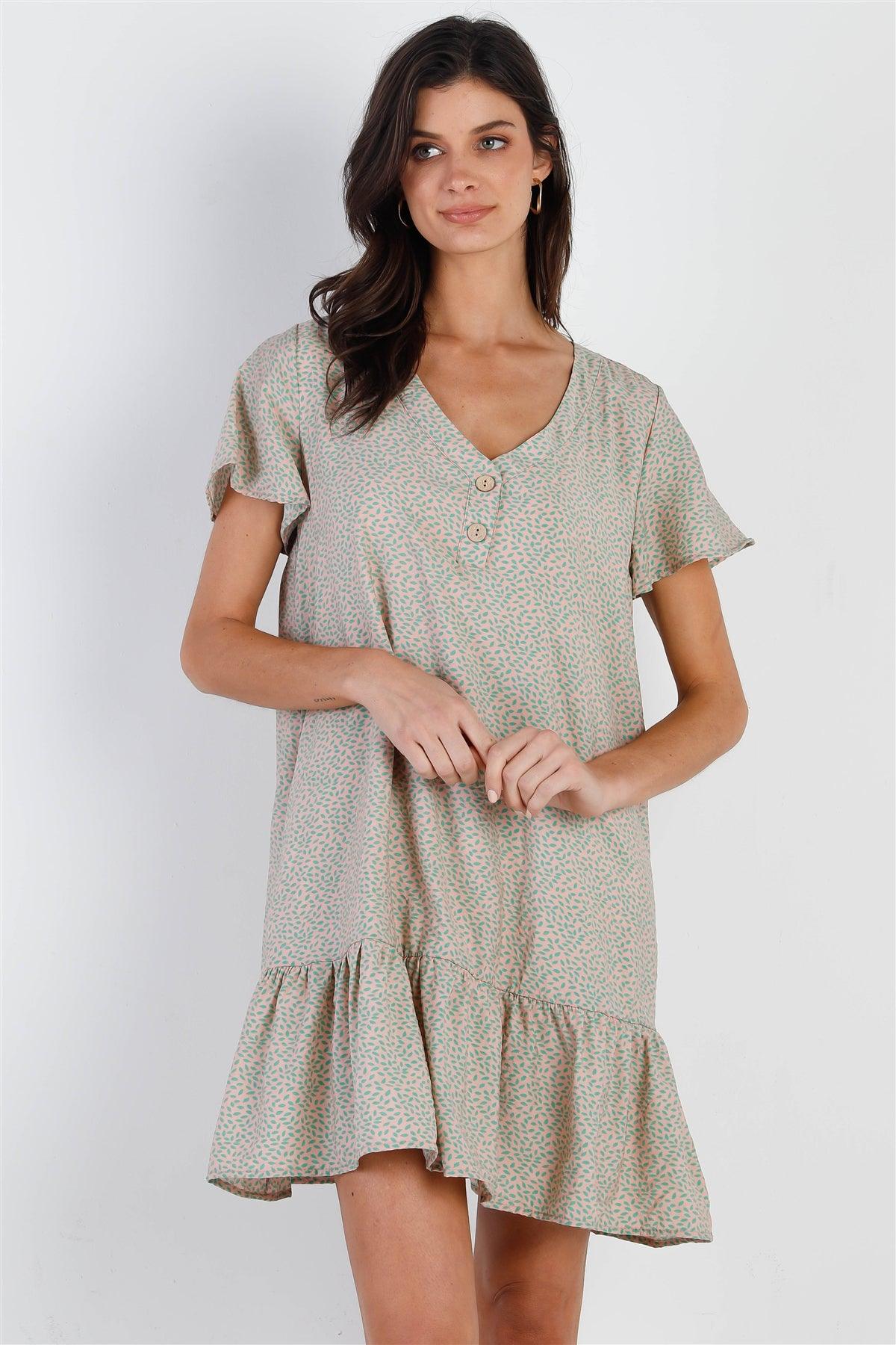 Peach & Mint Leaf Print Ruffle Hem Button Up Detail Mini Dress /3-2-1