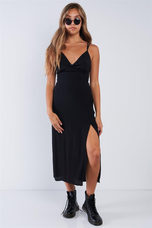 Jet Black Trendy Criss Cross Back Leg Slit Maxi Dress /3-2-1