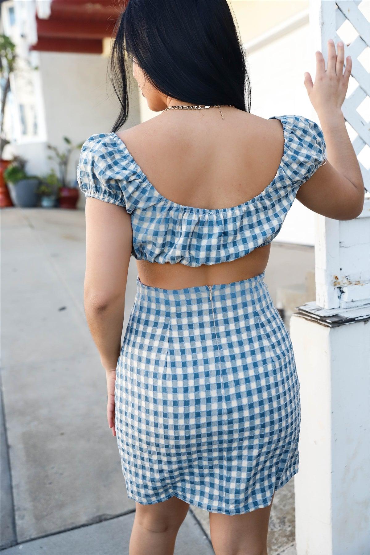 Cream & Blue Plaid Textured Cotton Back Cut-Out Detail Mini Dress /3-2-1