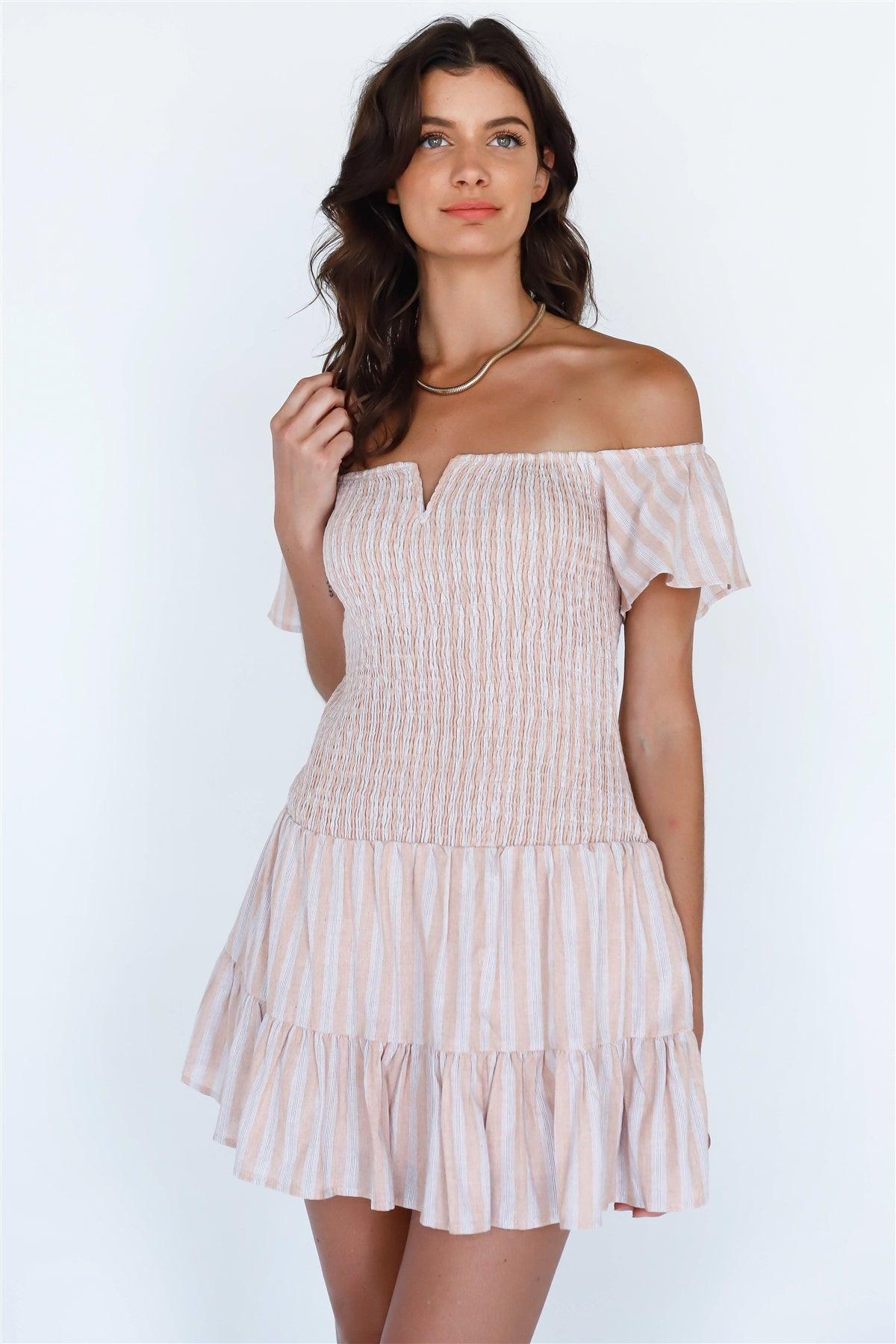 Taupe Tan Stripe Off-The-Shoulder Sleeve Mini Dress /3-2-1