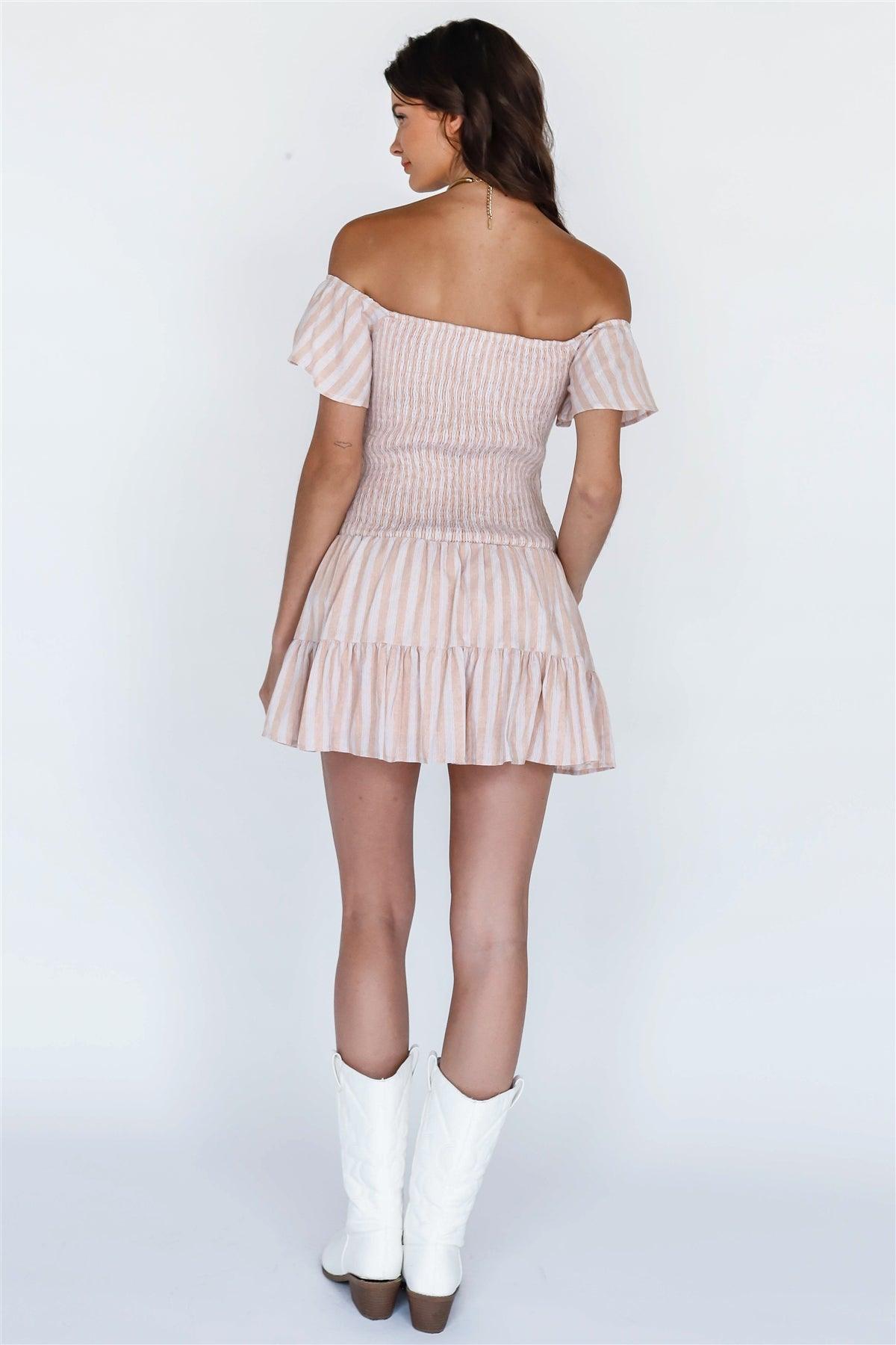 Taupe Tan Stripe Off-The-Shoulder Sleeve Mini Dress /2-2-1