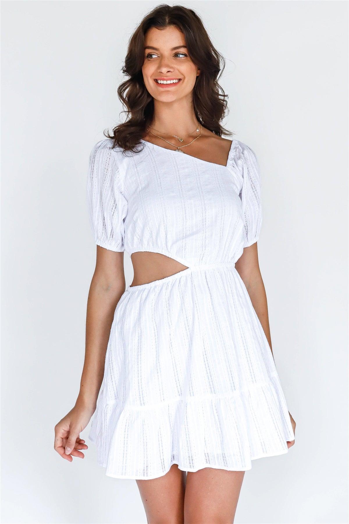 White Cotton Embroidered Asymmetrical Neck Cut-Out Mini Dress /3-2-1