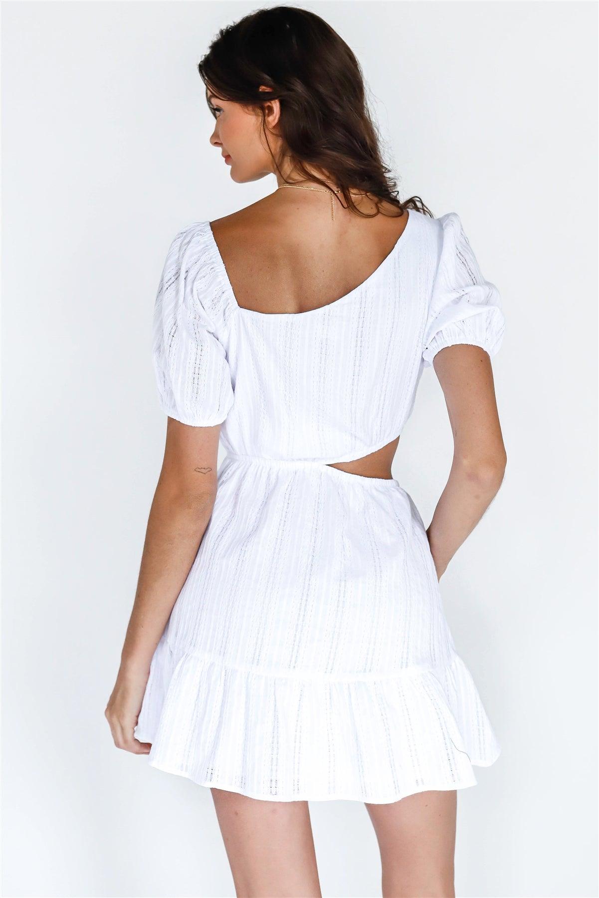 White Cotton Embroidered Asymmetrical Neck Cut-Out Mini Dress /3-2-1