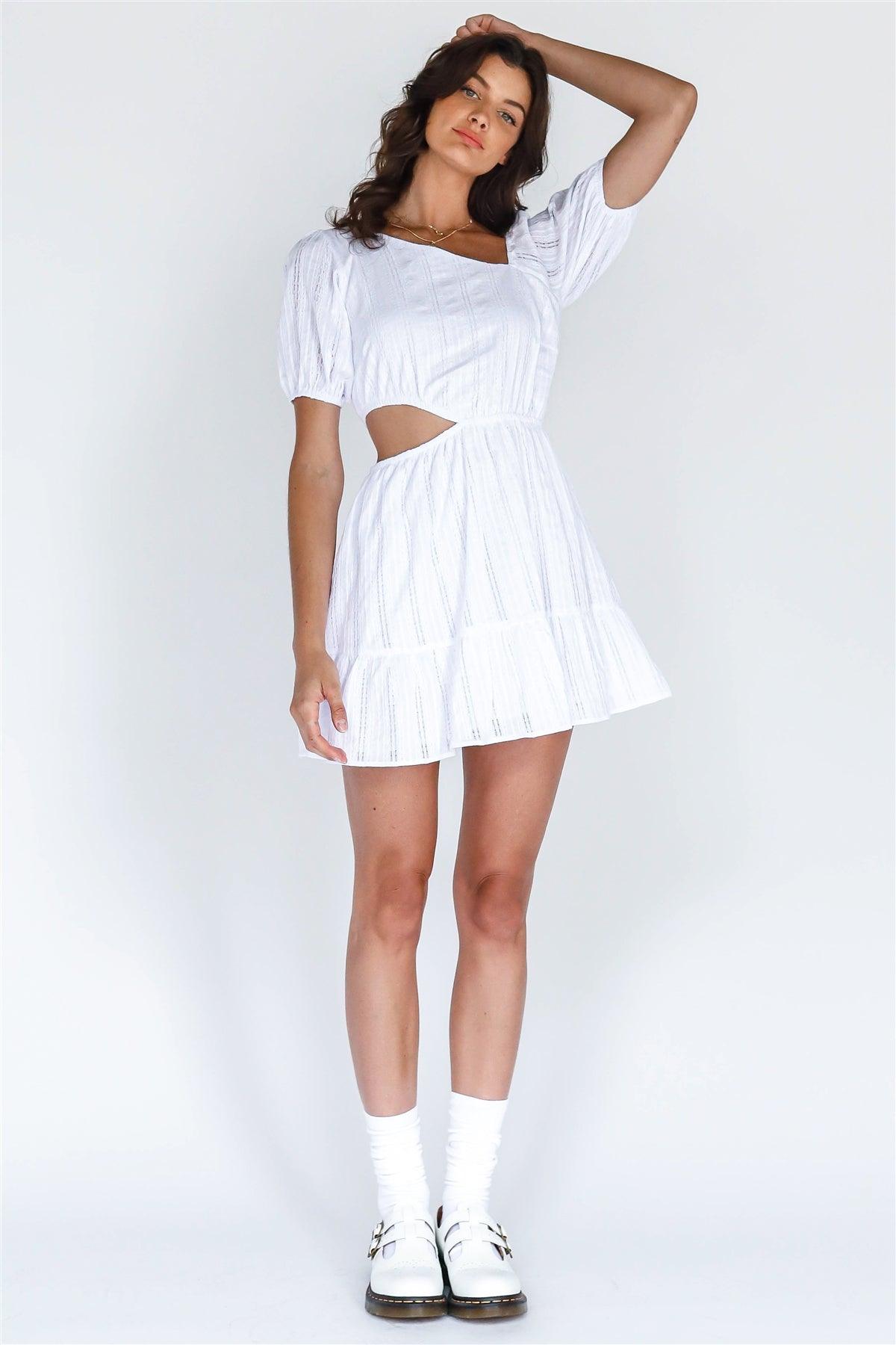 White Cotton Embroidered Asymmetrical Neck Cut-Out Mini Dress /3-2-1