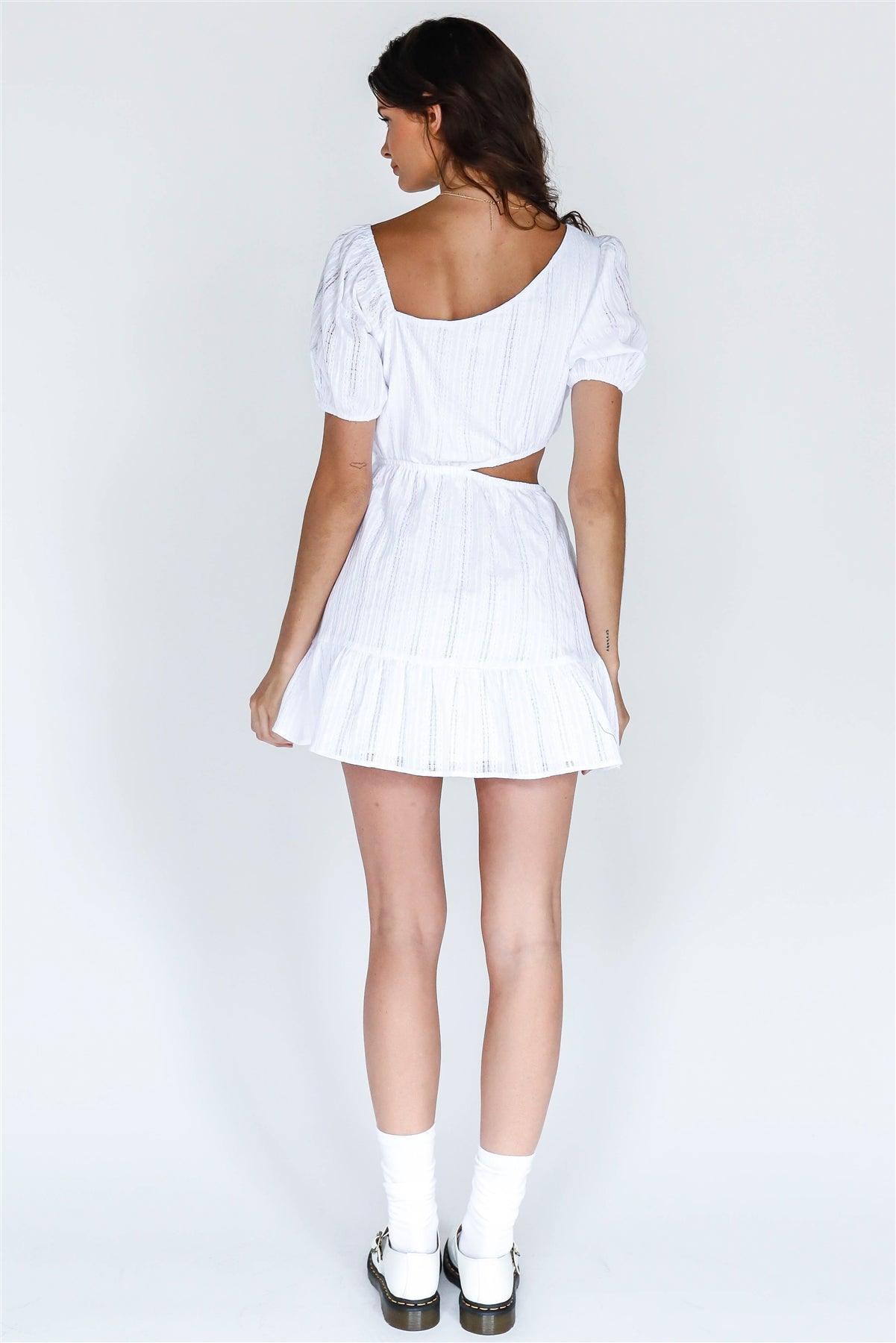 White Cotton Embroidered Asymmetrical Neck Cut-Out Mini Dress /3-2-1