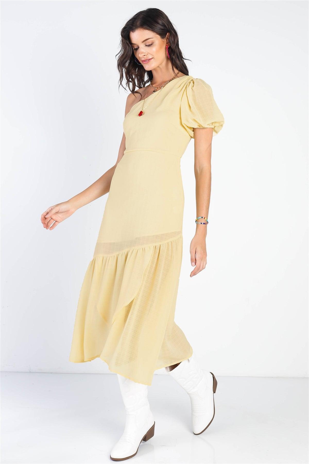 Yellow Textured One Shoulder Flare Hem Midi Dress /3-2-1