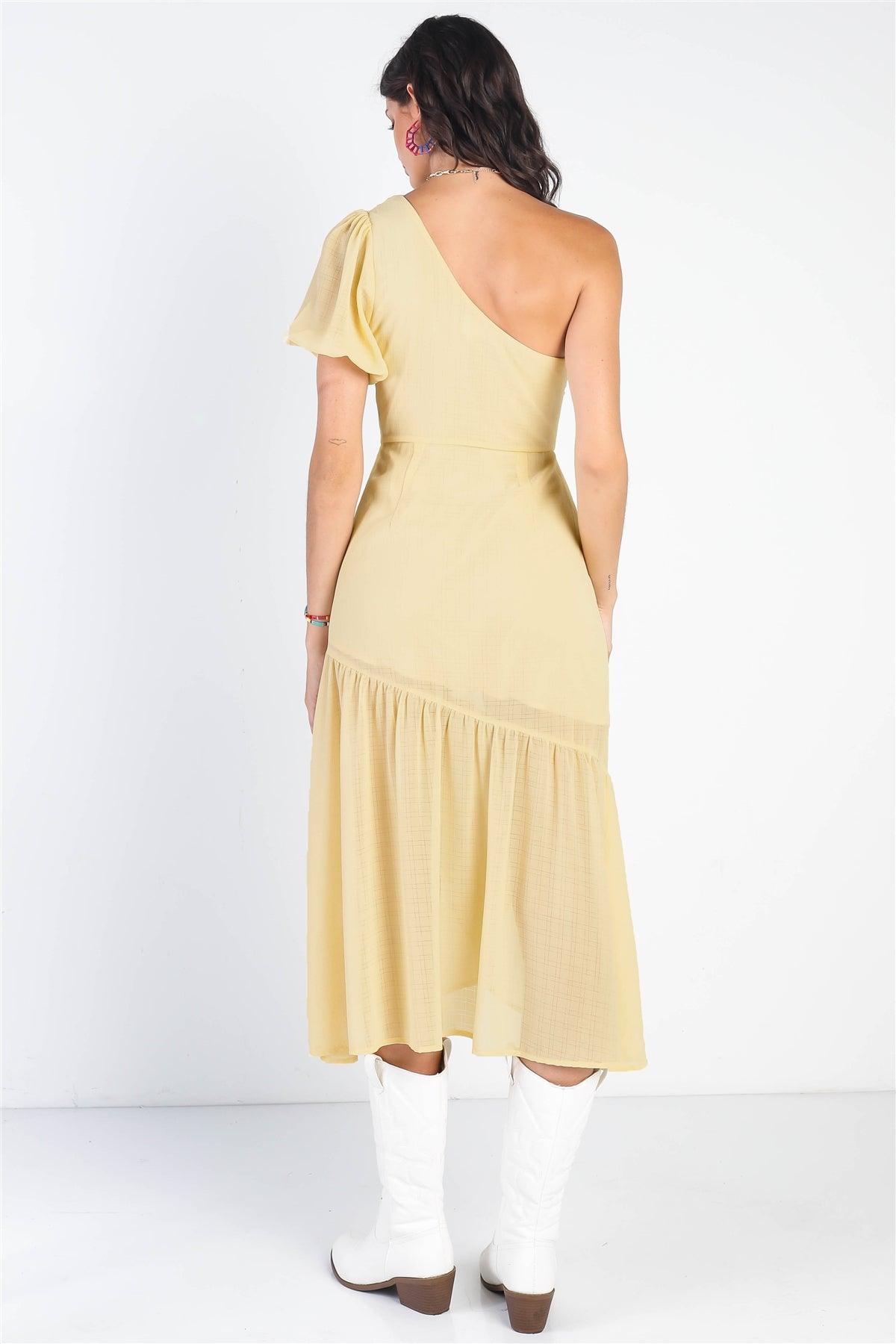 Yellow Textured One Shoulder Flare Hem Midi Dress /3-2-1