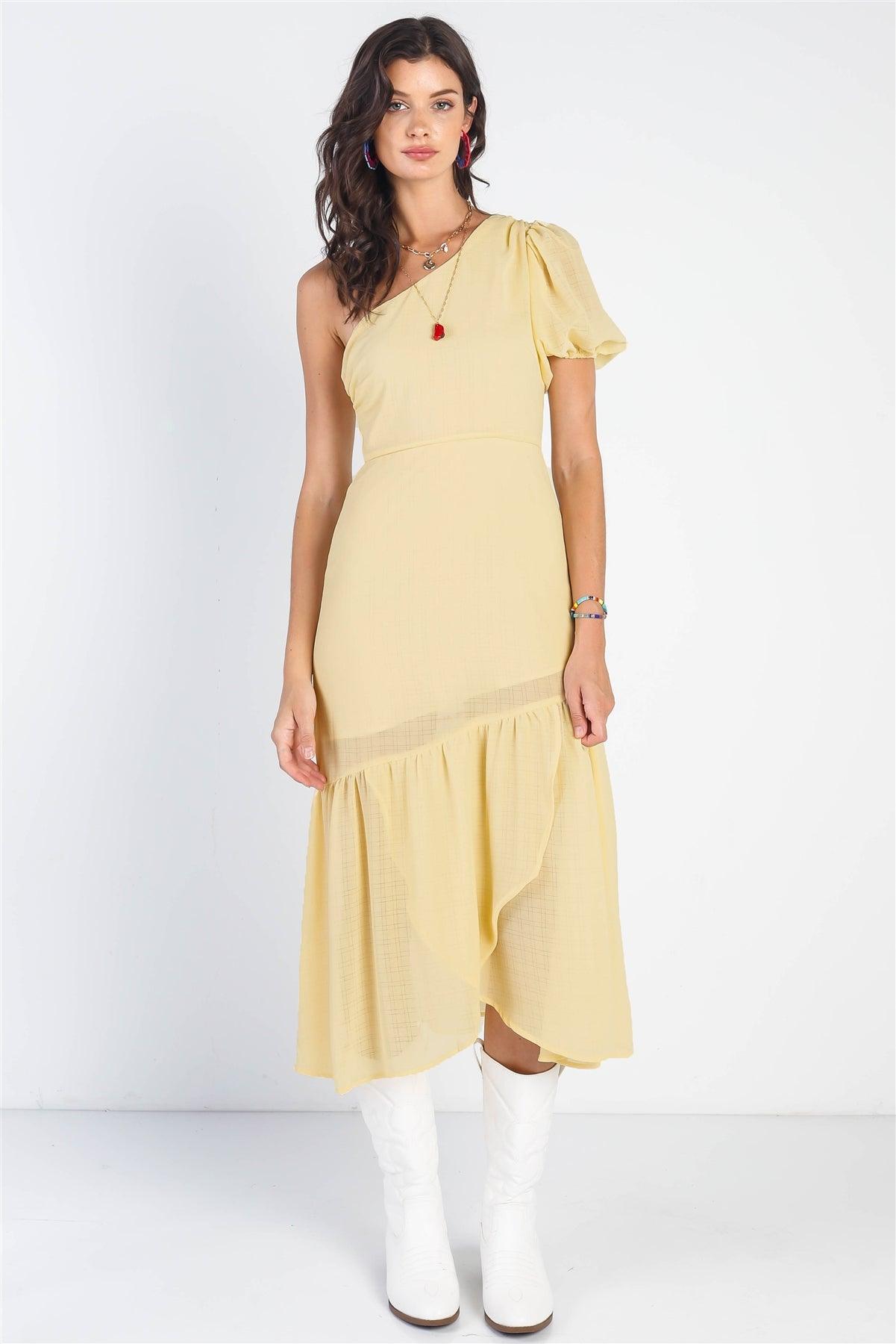 Yellow Textured One Shoulder Flare Hem Midi Dress /3-2-1