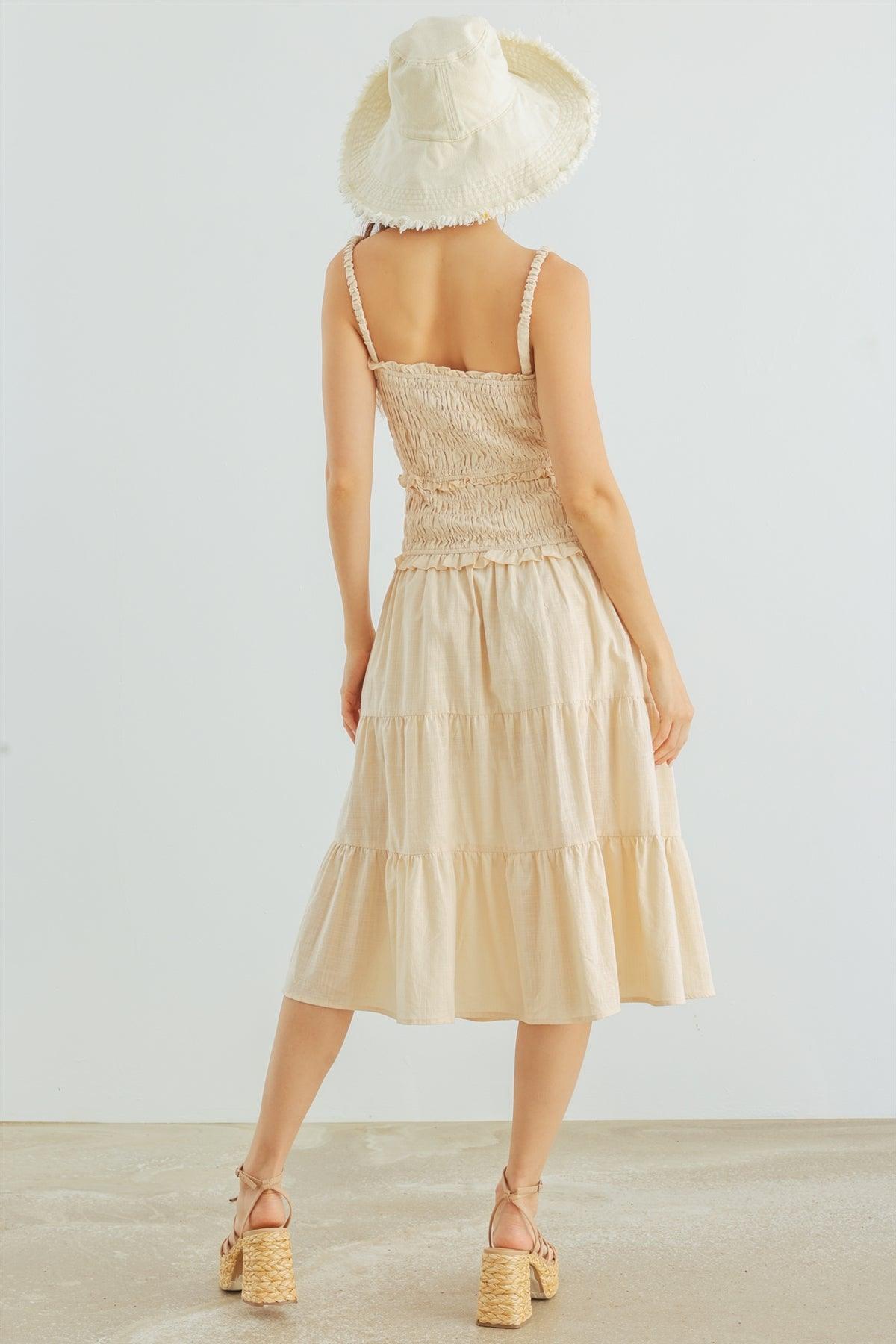 Cream Cotton Smocked Cut-Out Bodice Strappy Midi Dress /3-2-1