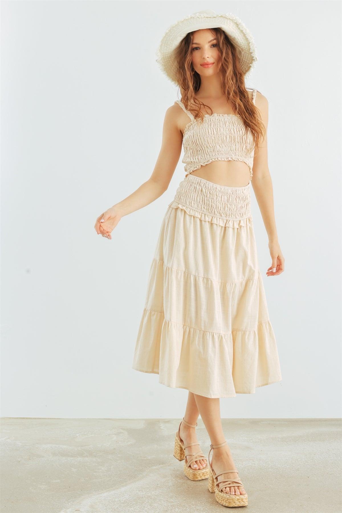 Cream Cotton Smocked Cut-Out Bodice Strappy Midi Dress /3-2-1