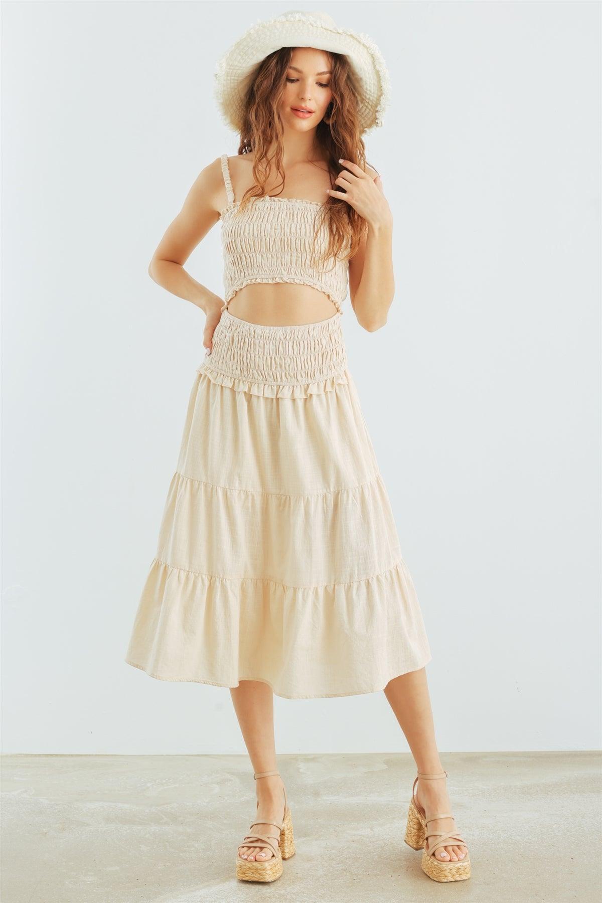 Cream Cotton Smocked Cut-Out Bodice Strappy Midi Dress /3-2-1