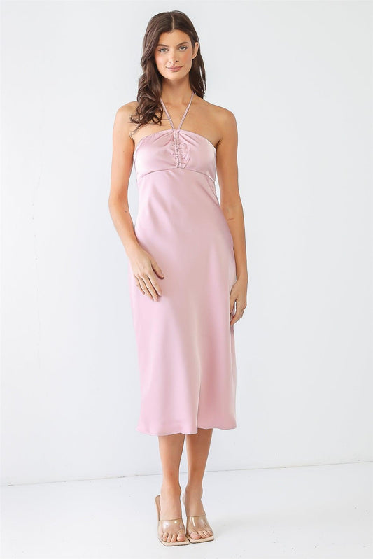 Blush Satin Sleeveless Ruched Strappy Flare Hem Midi Dress /3-2-1