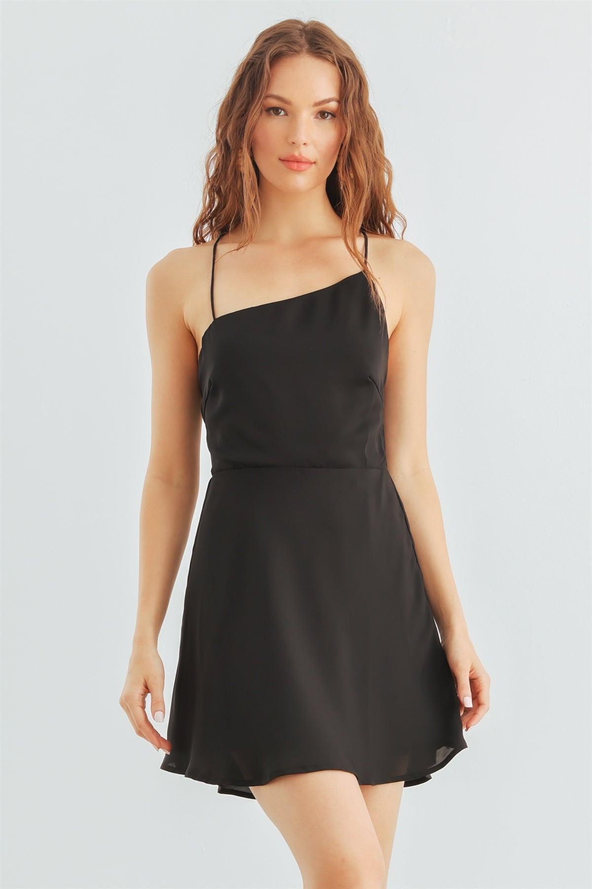 Black Sleeveless Back Criss-Cross Flare Hem Mini Dress /2-2-1