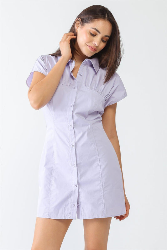 Lavender Cotton Collared Neck Button Shirt Style Mini Dress /3-2-1