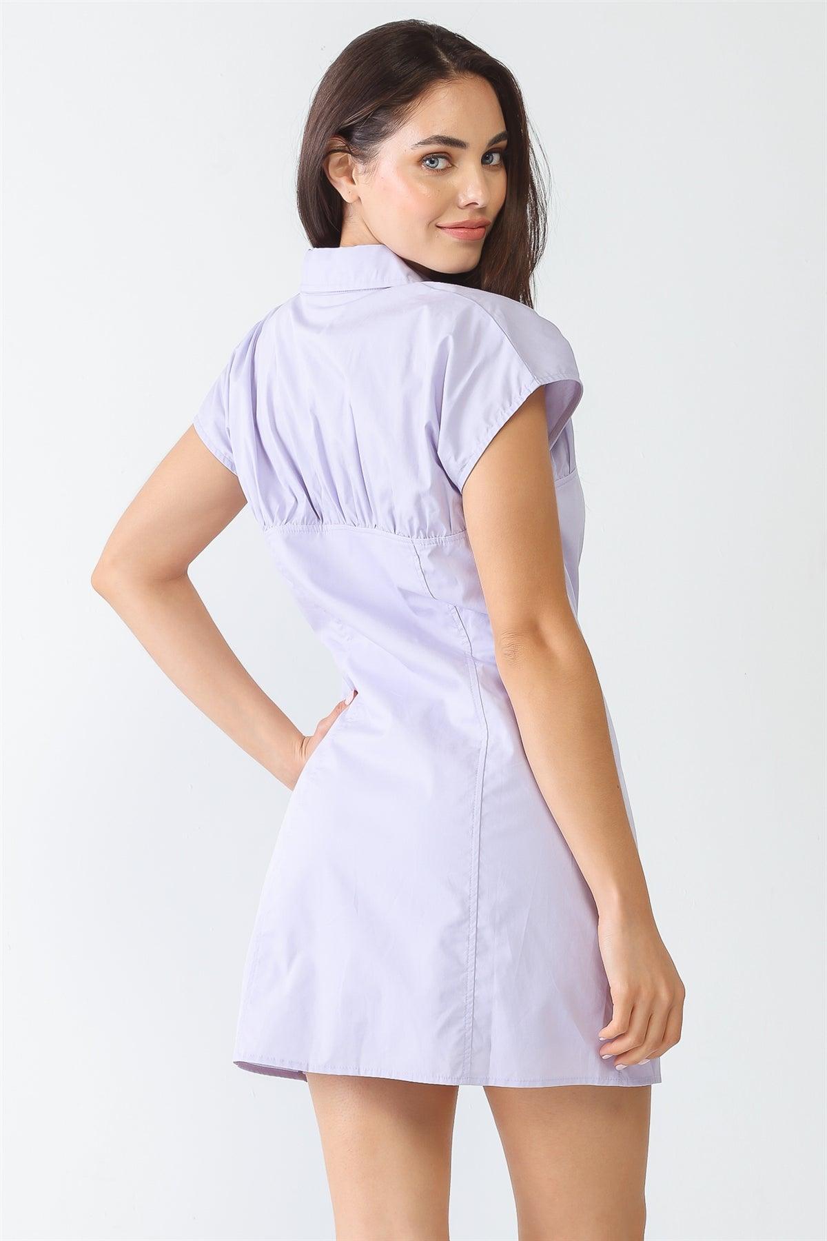 Lavender Cotton Collared Neck Button Shirt Style Mini Dress /3-2-1