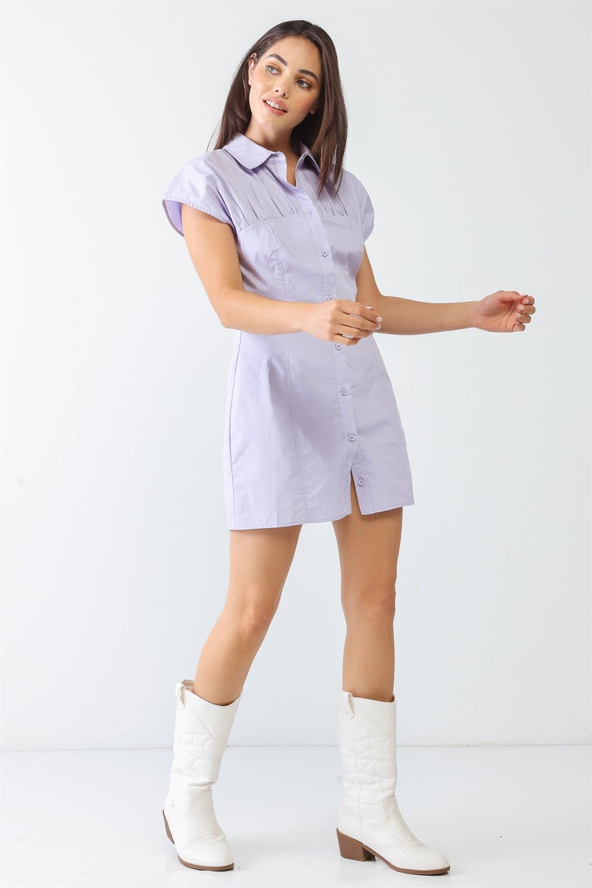 Lavender Cotton Collared Neck Button Shirt Style Mini Dress /3-2-1