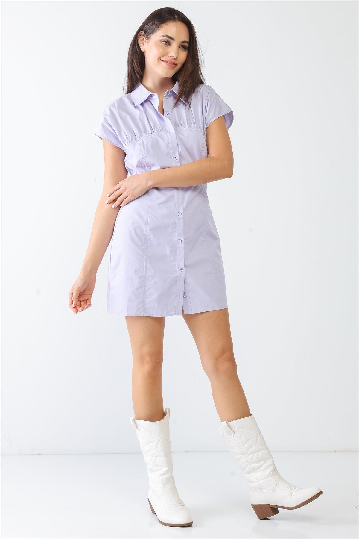 Lavender Cotton Collared Neck Button Shirt Style Mini Dress /3-2-1