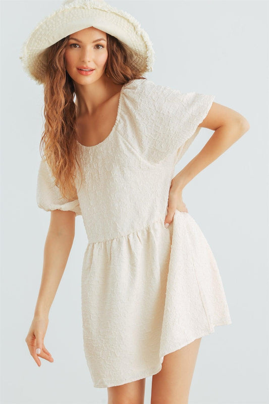 Cream Textured Puff Midi Sleeve Tie Back Mini Dress /1-2-2-1