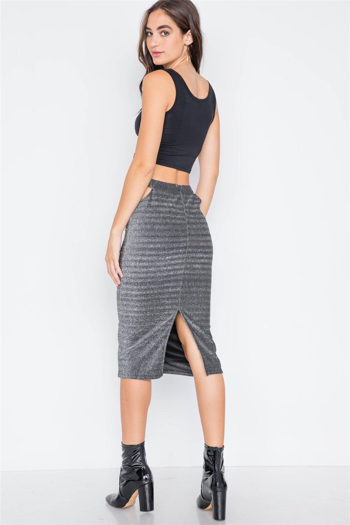 Black Silver Side Cut-Outs High-Waist Midi Skirt /2-2-2