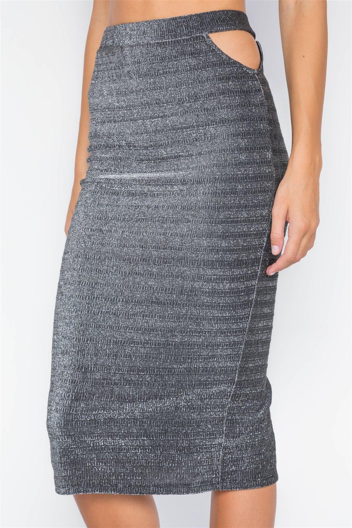 Black Silver Side Cut-Outs High-Waist Midi Skirt /2-2-2