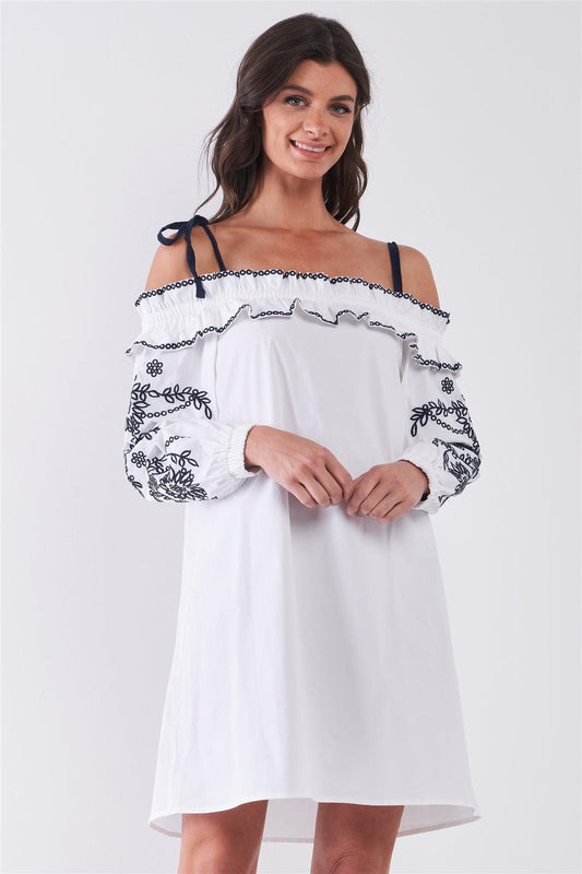 White Dark Blue Embroidery Off-The-Shoulder Long Balloon Sleeve Ruffle Neckline Mini Dress /1-2-2-1