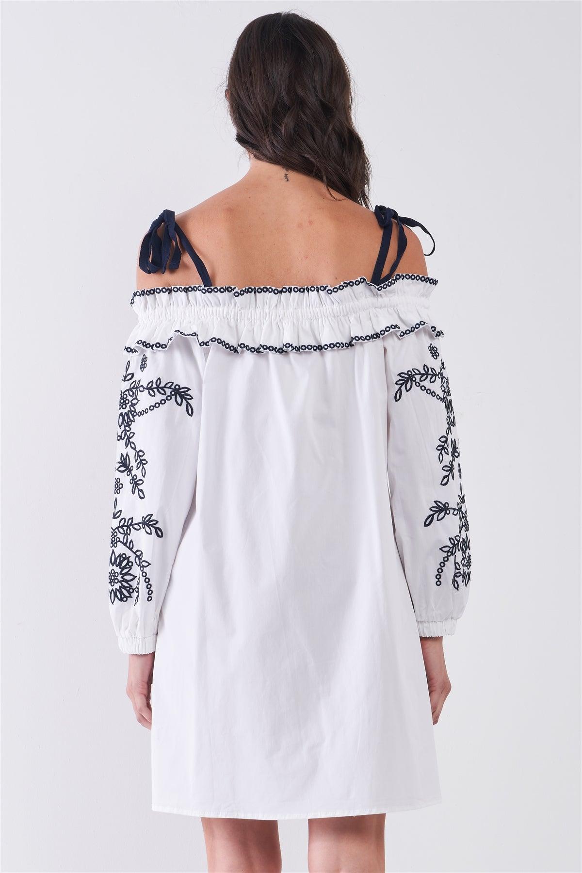 White Dark Blue Embroidery Off-The-Shoulder Long Balloon Sleeve Ruffle Neckline Mini Dress /1-2-2-1