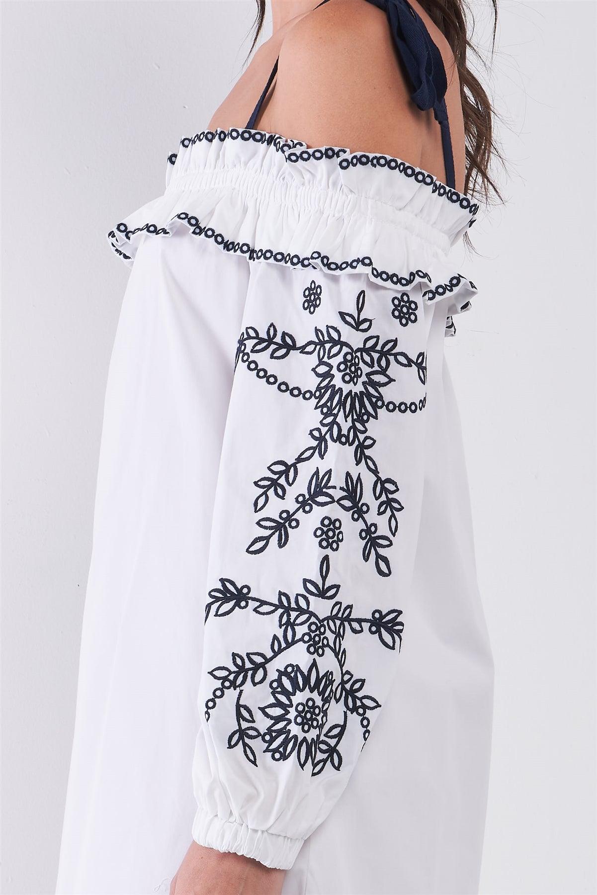 White Dark Blue Embroidery Off-The-Shoulder Long Balloon Sleeve Ruffle Neckline Mini Dress /1-2-2-1