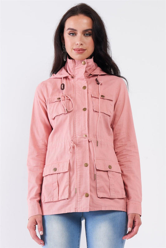 Washed Blush Pink Cotton Front Zip-Up & Button Down Detachable Hood Detail Utility Jacket /1-2-2-2