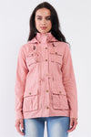 Washed Blush Pink Cotton Front Zip-Up & Button Down Detachable Hood Detail Utility Jacket /1-1-2-2-1