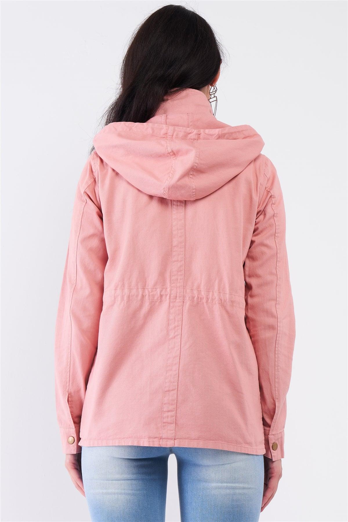 Washed Blush Pink Cotton Front Zip-Up & Button Down Detachable Hood Detail Utility Jacket /1-1-2-2-1