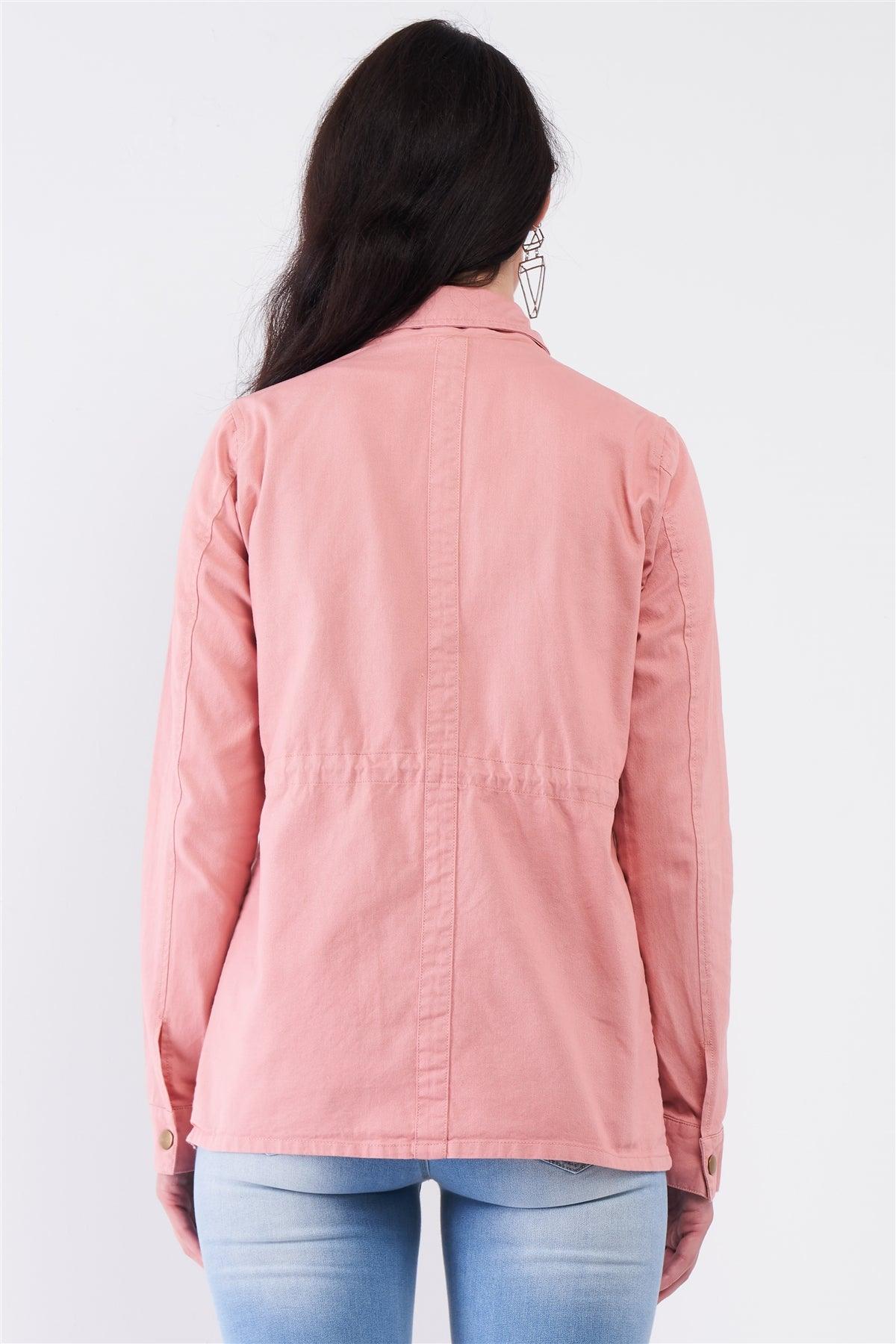 Washed Blush Pink Cotton Front Zip-Up & Button Down Detachable Hood Detail Utility Jacket /1-1-2-2-1