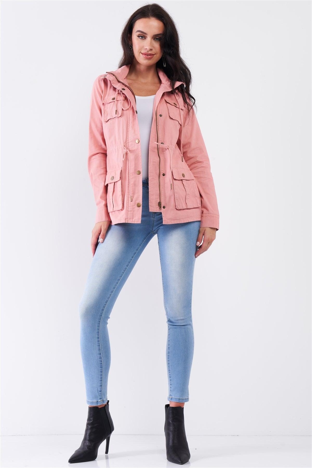 Washed Blush Pink Cotton Front Zip-Up & Button Down Detachable Hood Detail Utility Jacket /1-1-2-2-1